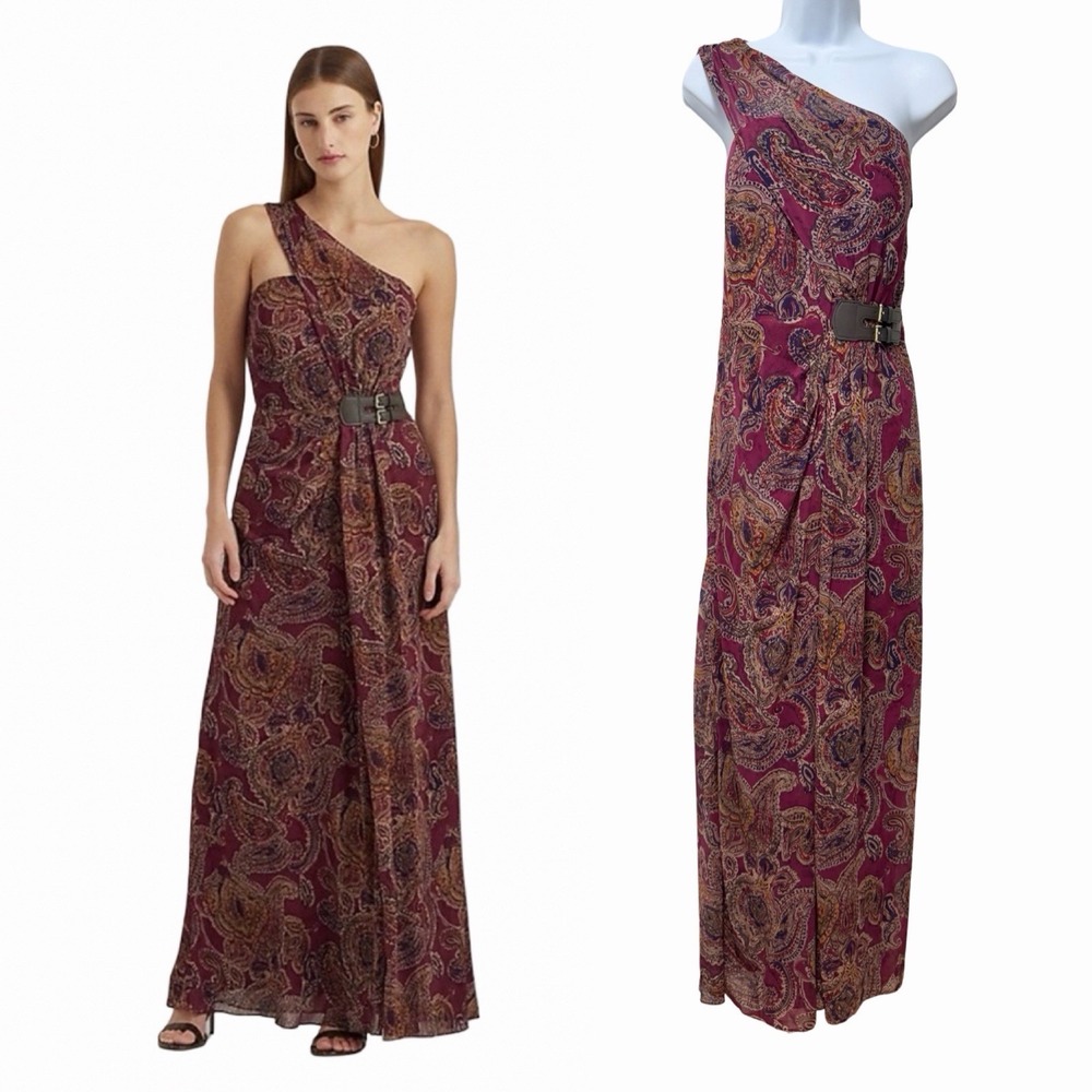 Lauren Ralph Lauren Chiffon One Shoulder Paisley Maxi Dress Size 8 Purple Gown
